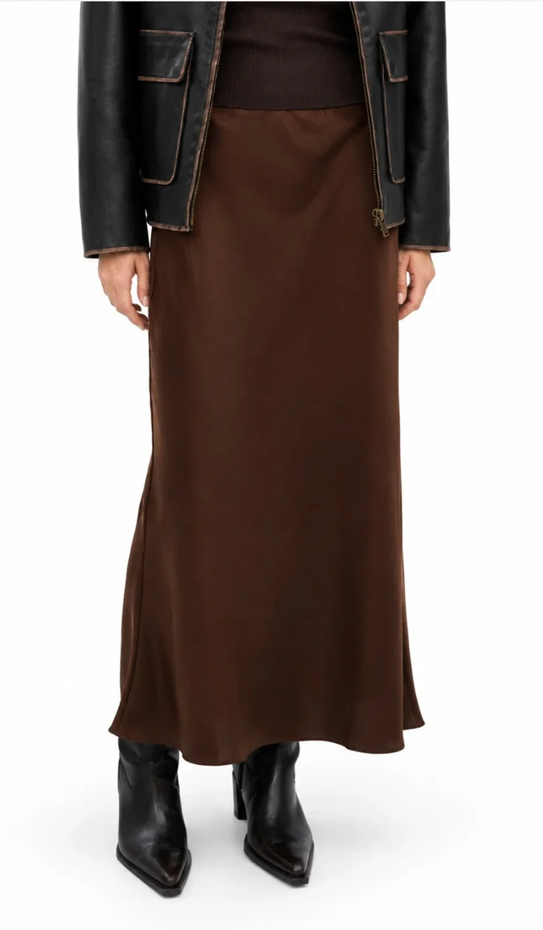 NWT MANGO MNG CHOCOLATE BROWN MIA2 MIDI SATIN SKIRT SZ M